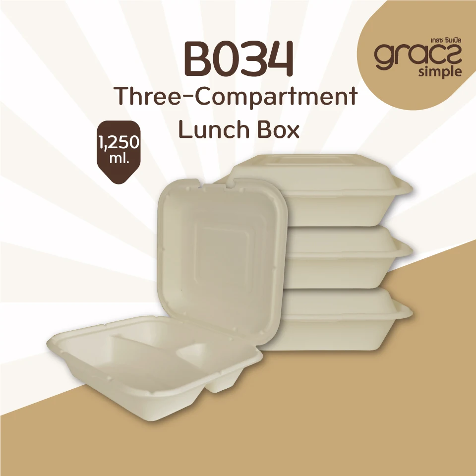 High Quality biodegradable food containers Storage Three-Compartment Lunch Box 1,250ml Thailand
