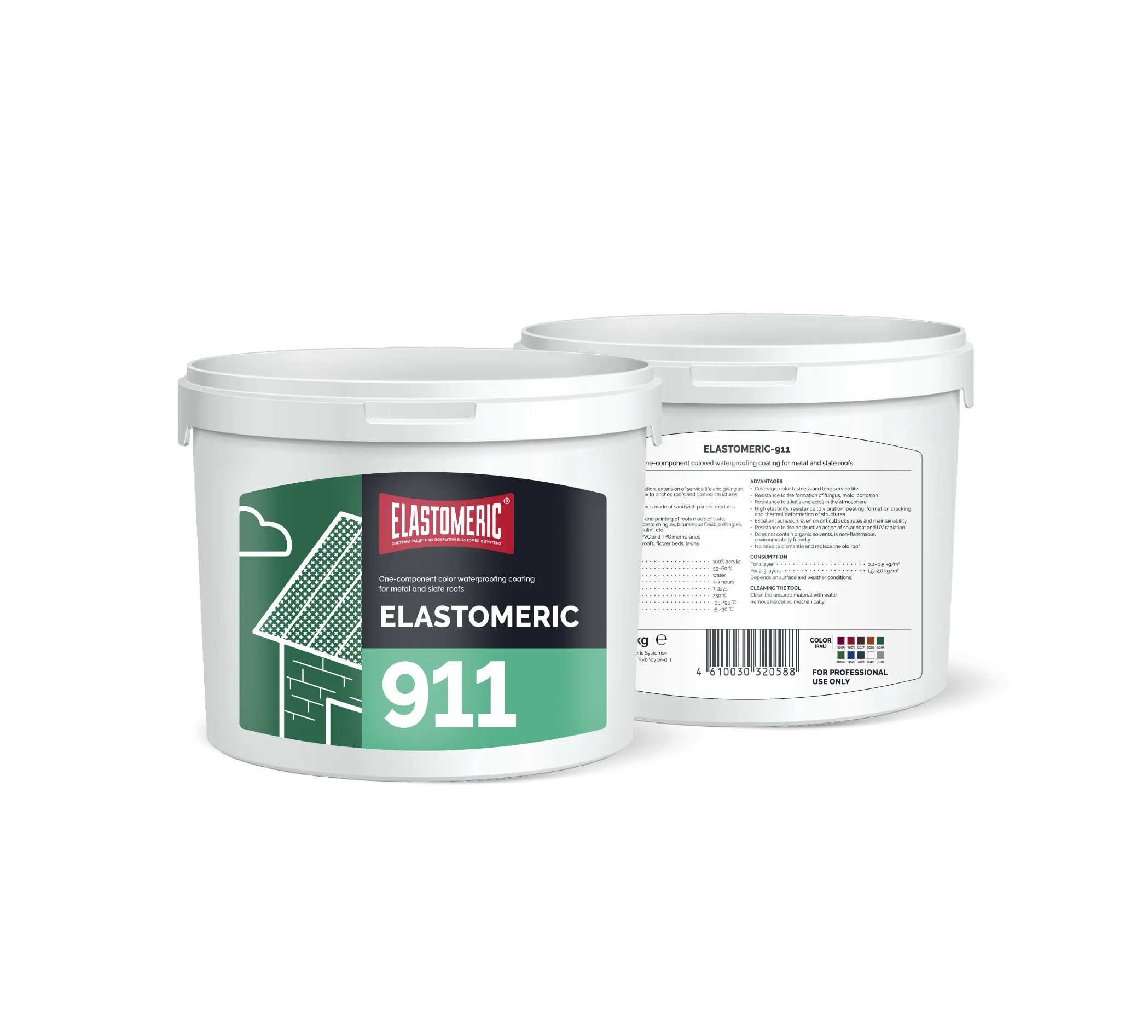 Elastomeric 911 ( 6 kg ) waterproofing of metal roofs with full painting RAL 8004