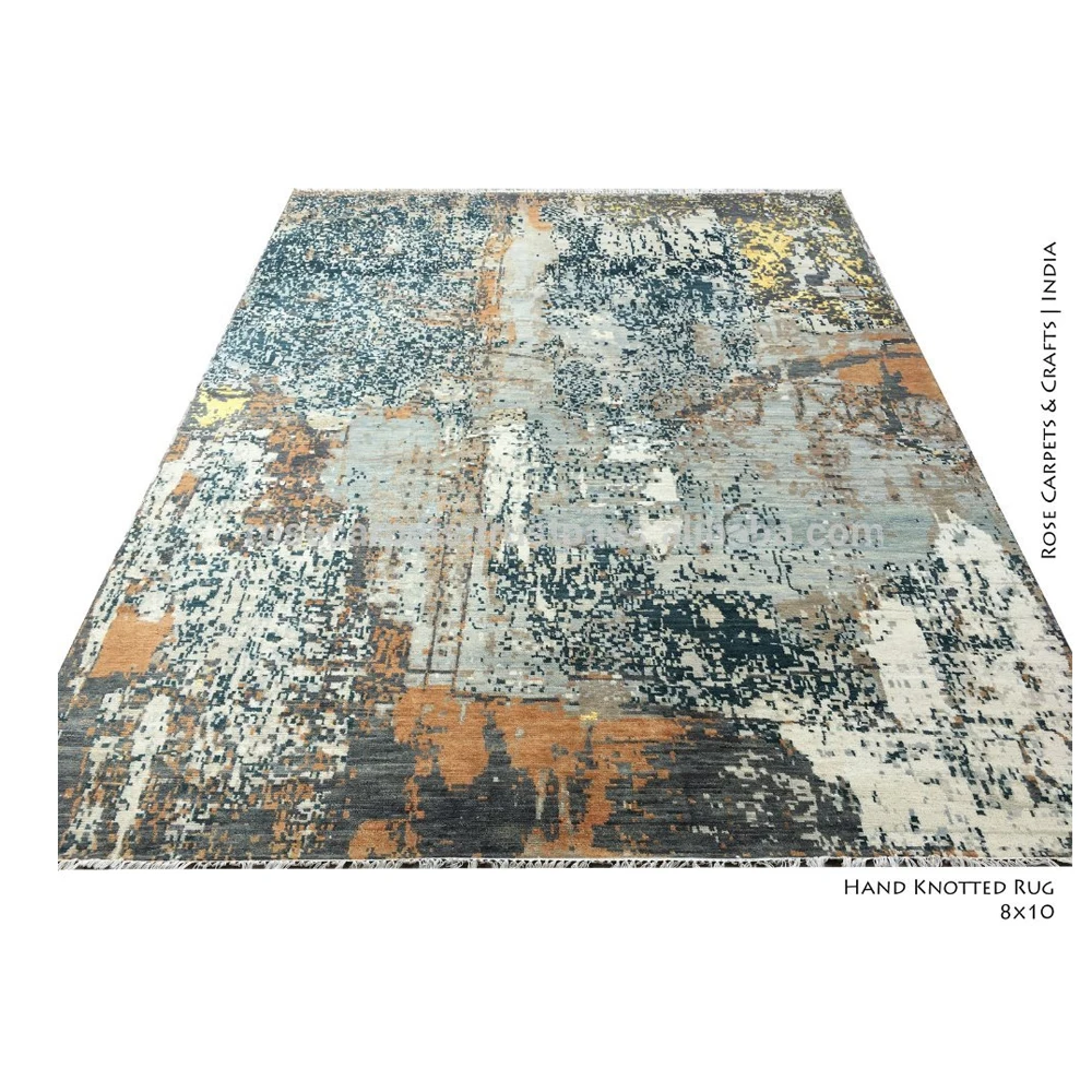 
Multi color Decorative Hand Knotted Indian Contemporary Wool Silk Rug 