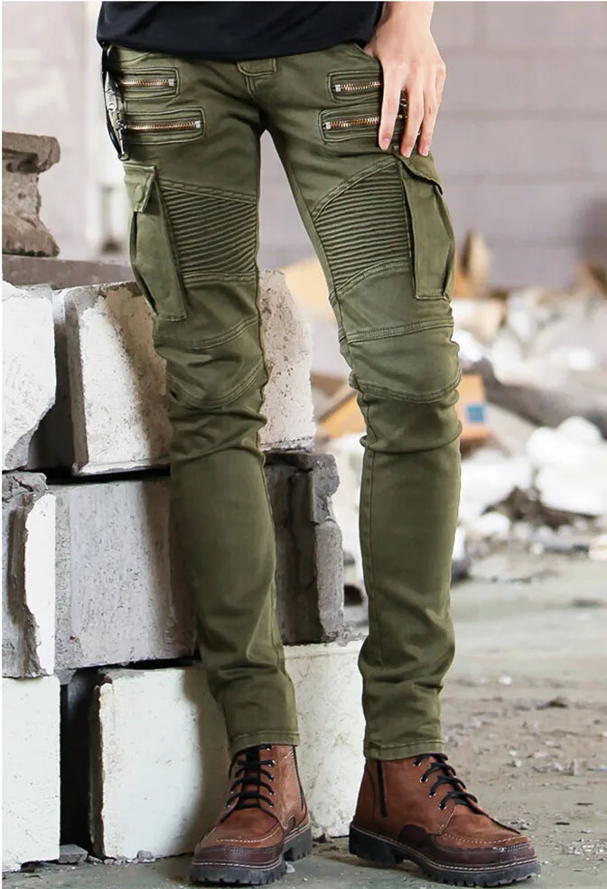 Male jeans trouser hip hop streetwear oem custom distressed skinny denim mens army green biker jeans men with zipper