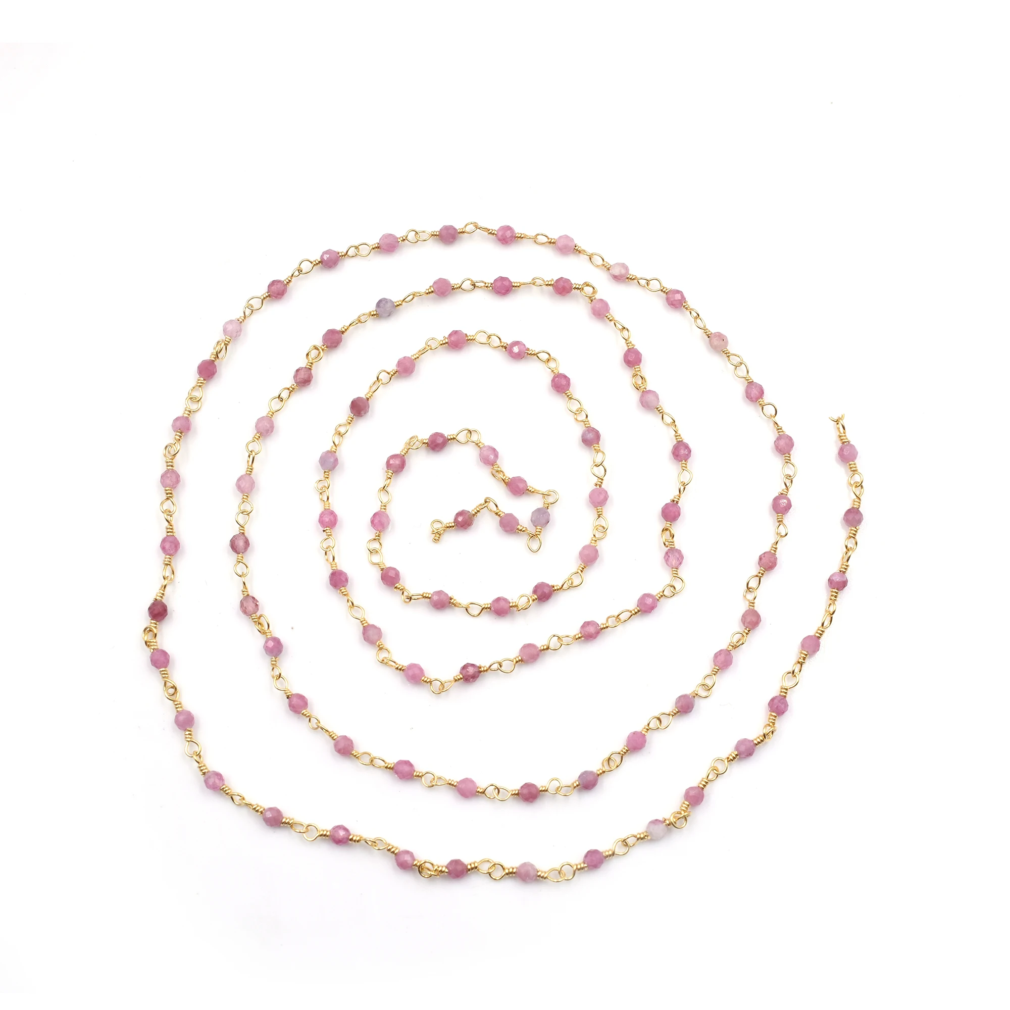 Pink Sapphire Faceted Rondelle Shape Brass Gold Plated Rosary Wire Wrapped Chain Sold by Foot