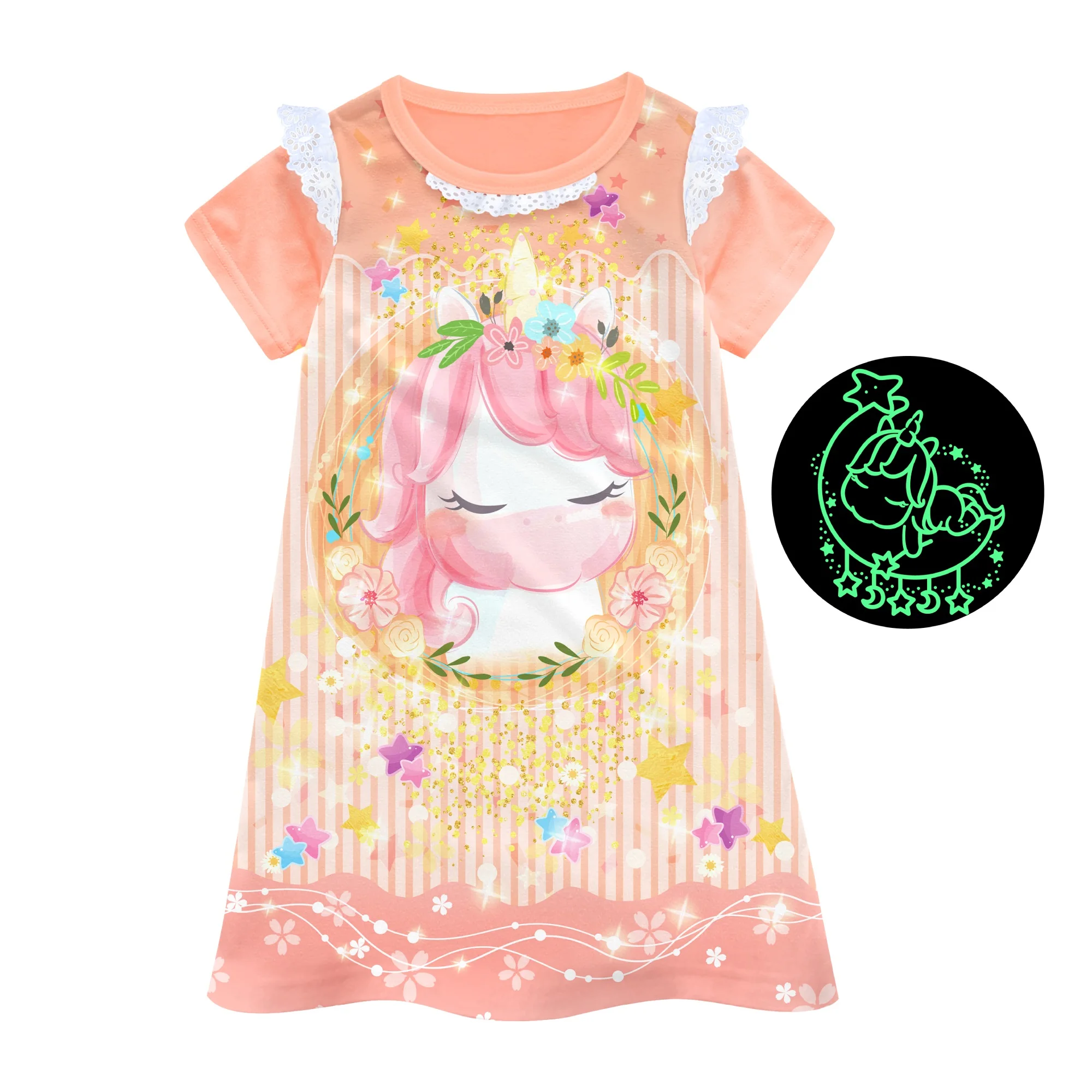 B0478SS Little Girls short sleeves princess night dress  glow in the dark cartoon nightgown kids sleepwear