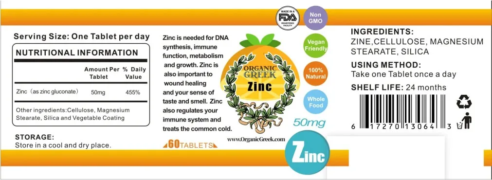 Organic Greek Vitamin Zinc Natural Non GMO Supports Production Of Energy Red Blood Cells Healthy Nervous System and Metabolism