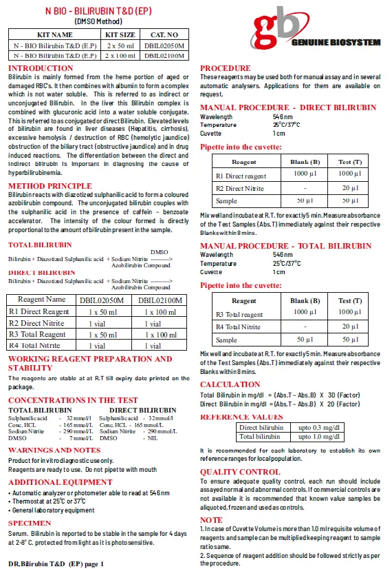 Ready to Use DMSO Method Clinical Chemistry Reagent Bilirubin Total & Direct Test Kit Set - 2 x 100 ml for Diagnosis