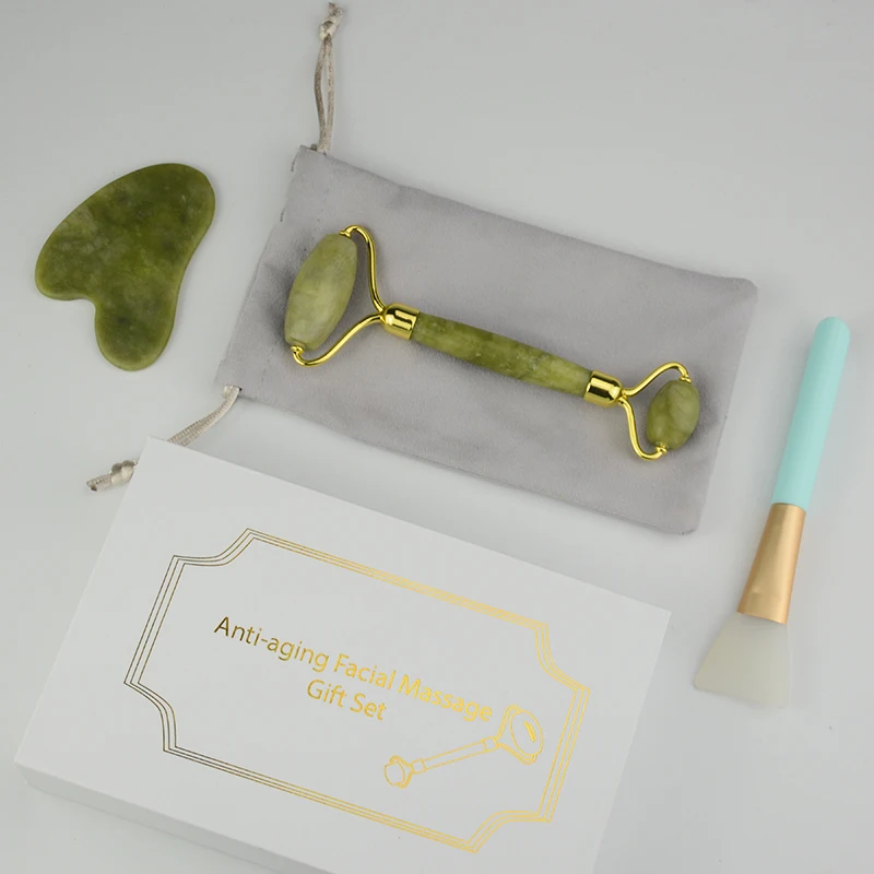 Chinese Skincare Beauty Massage Tools Noise Free Jade Roller and Gausha Set