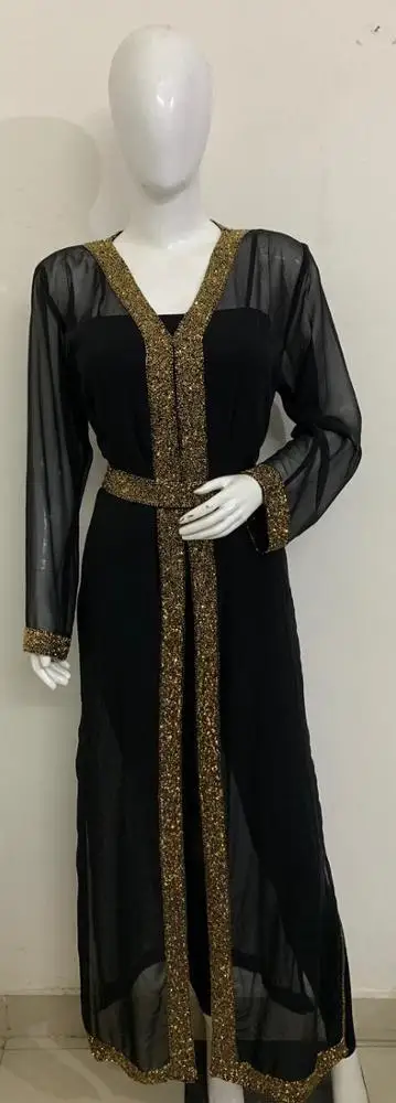 2022 EID Collection Dubai Abaya Georgette Front Open Style With Bead Work Belt Hand Embroidery Luxury Full Length dress for lady