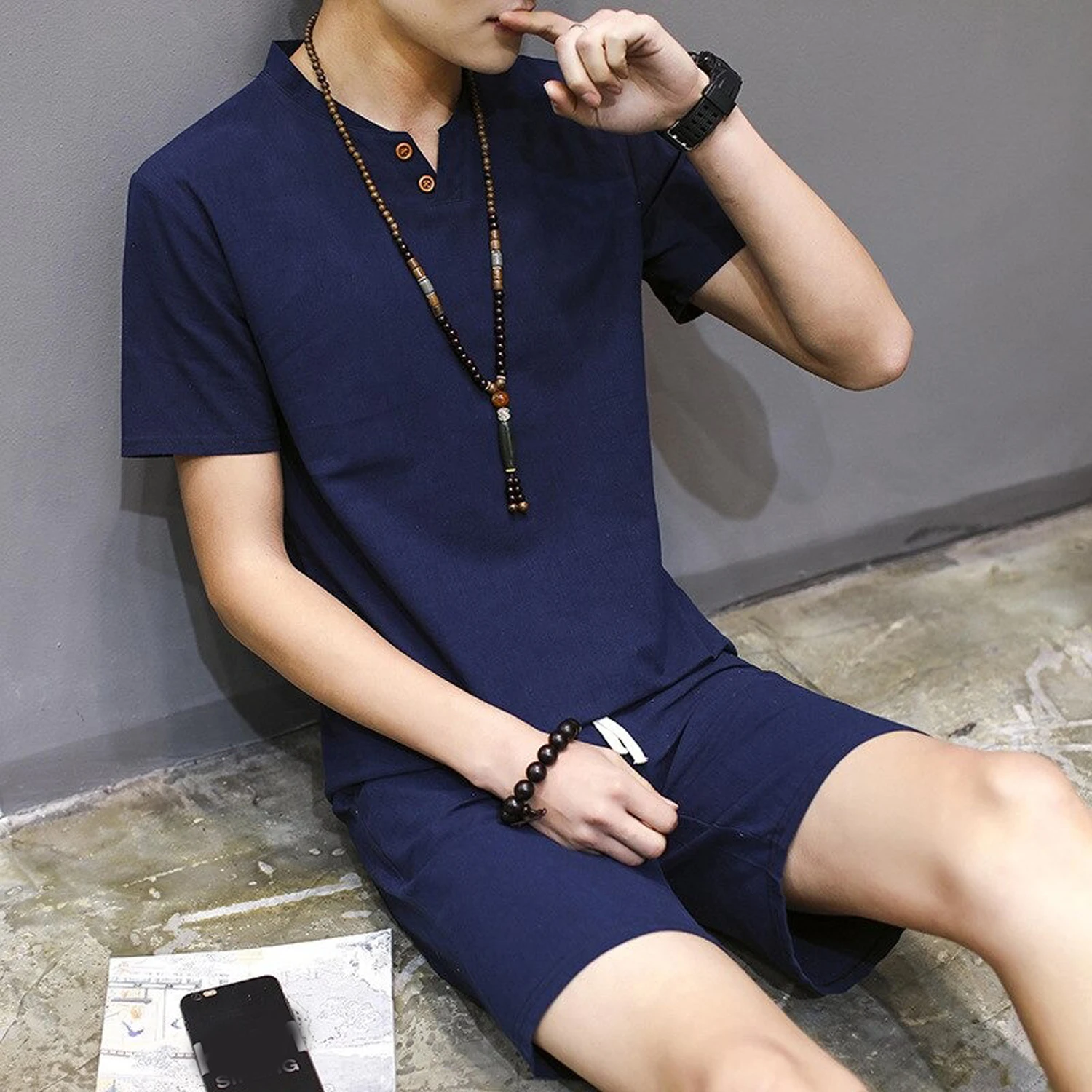 
Men T-shirt Shorts Set Linen Male Shirt Short Sleeve Shorts Two Piece Set Tracksuit Summer Comfort 