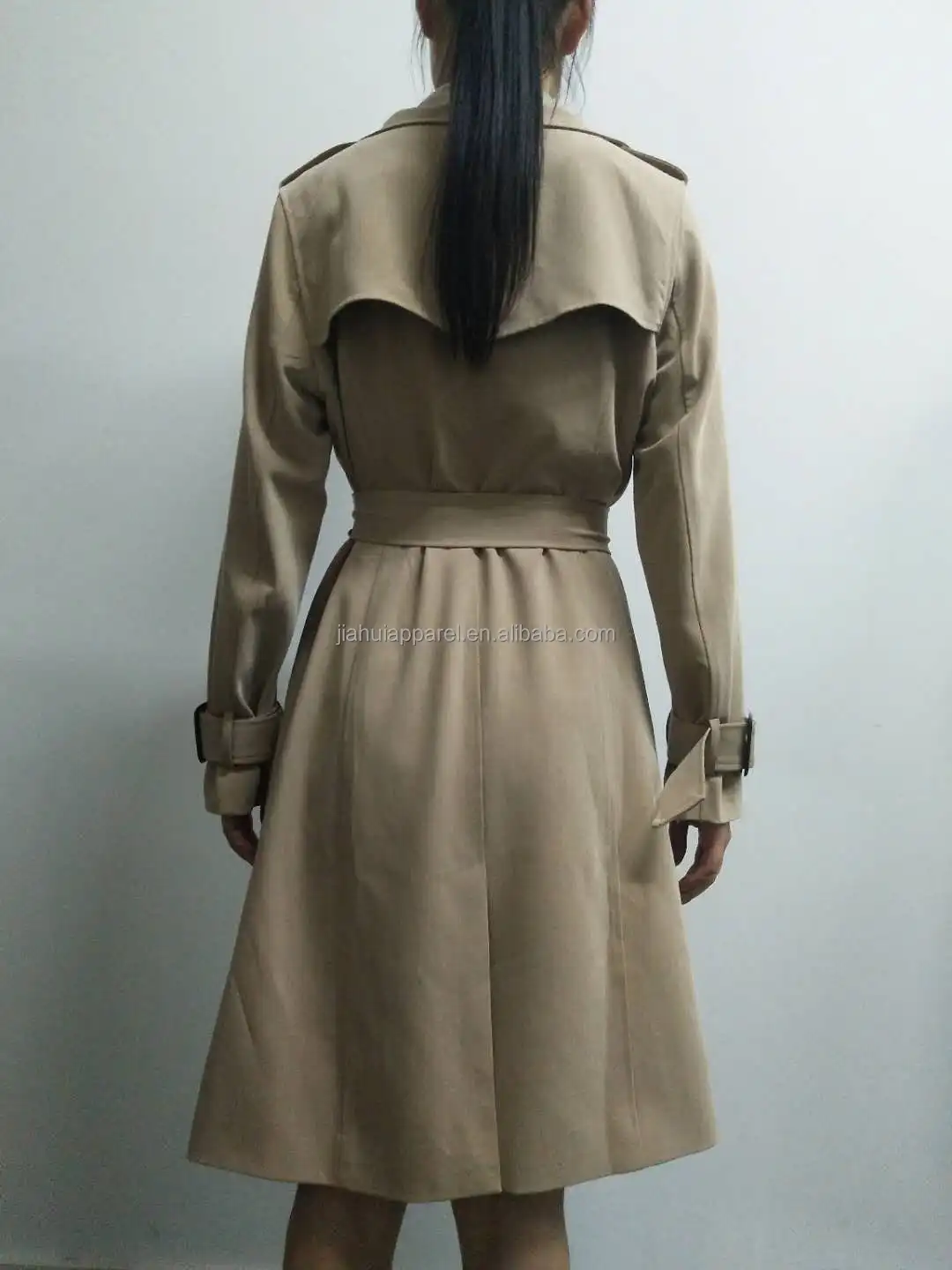 Custom Jacket Collar Double Breasted Belted Tailored Modest Coat Long Sleeve Women Trench Coats