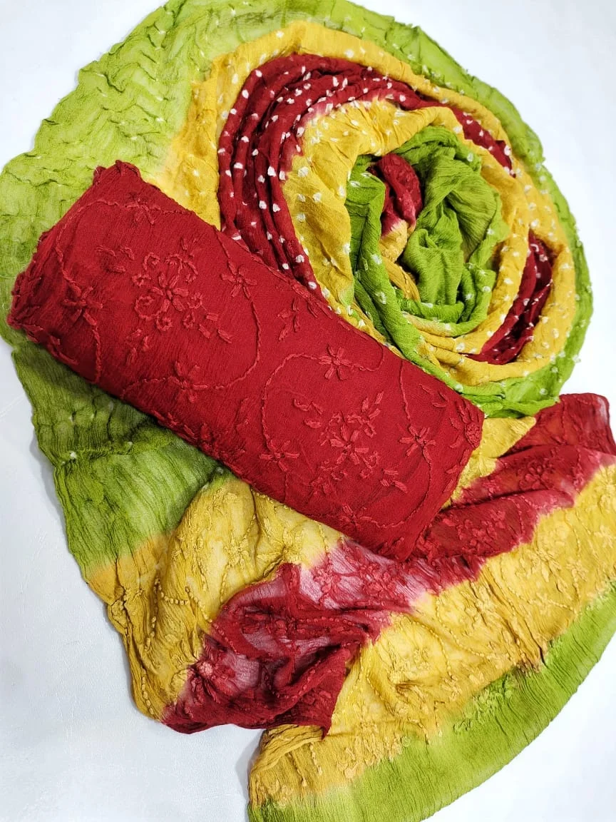 Pakistani Handmade Colour full Chunri Dupatta with Embroidered Kameez Unstitched 3 piece Suit in Premium Packaging