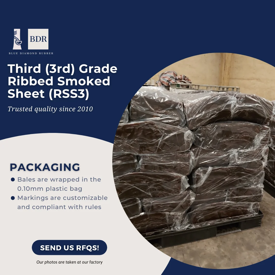 Ribbed Smoked Sheet - RSS3 Raw Rubber Material packaged every 33.33kg per bale ready to be shipped and fast delivery