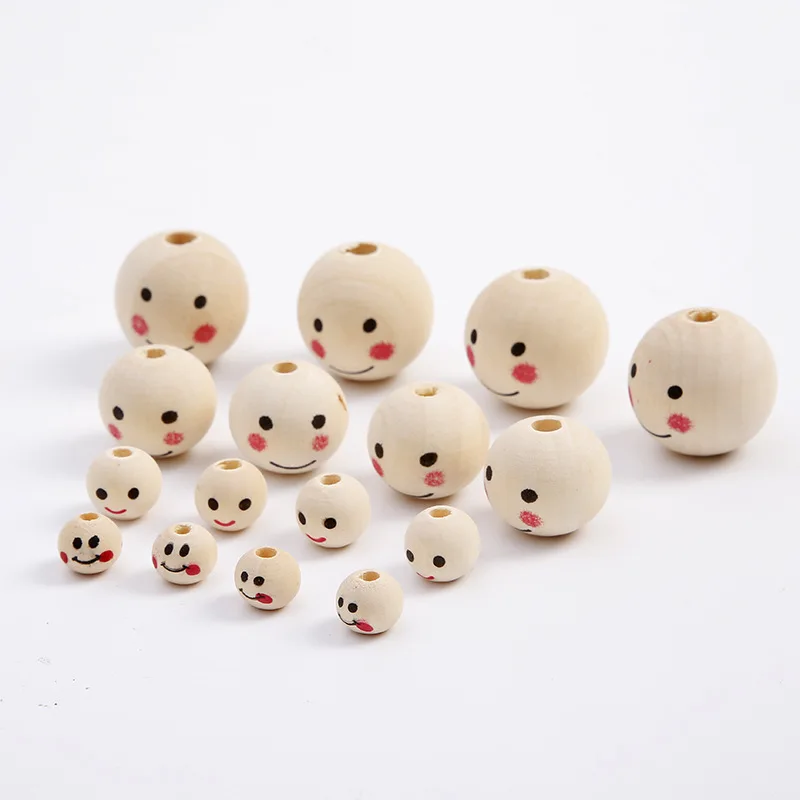 Handmade Smiley Face Natural Wood Beads Ball Round Loose Spacer Beads For Jewelry Making Diy Bracelet Accessories