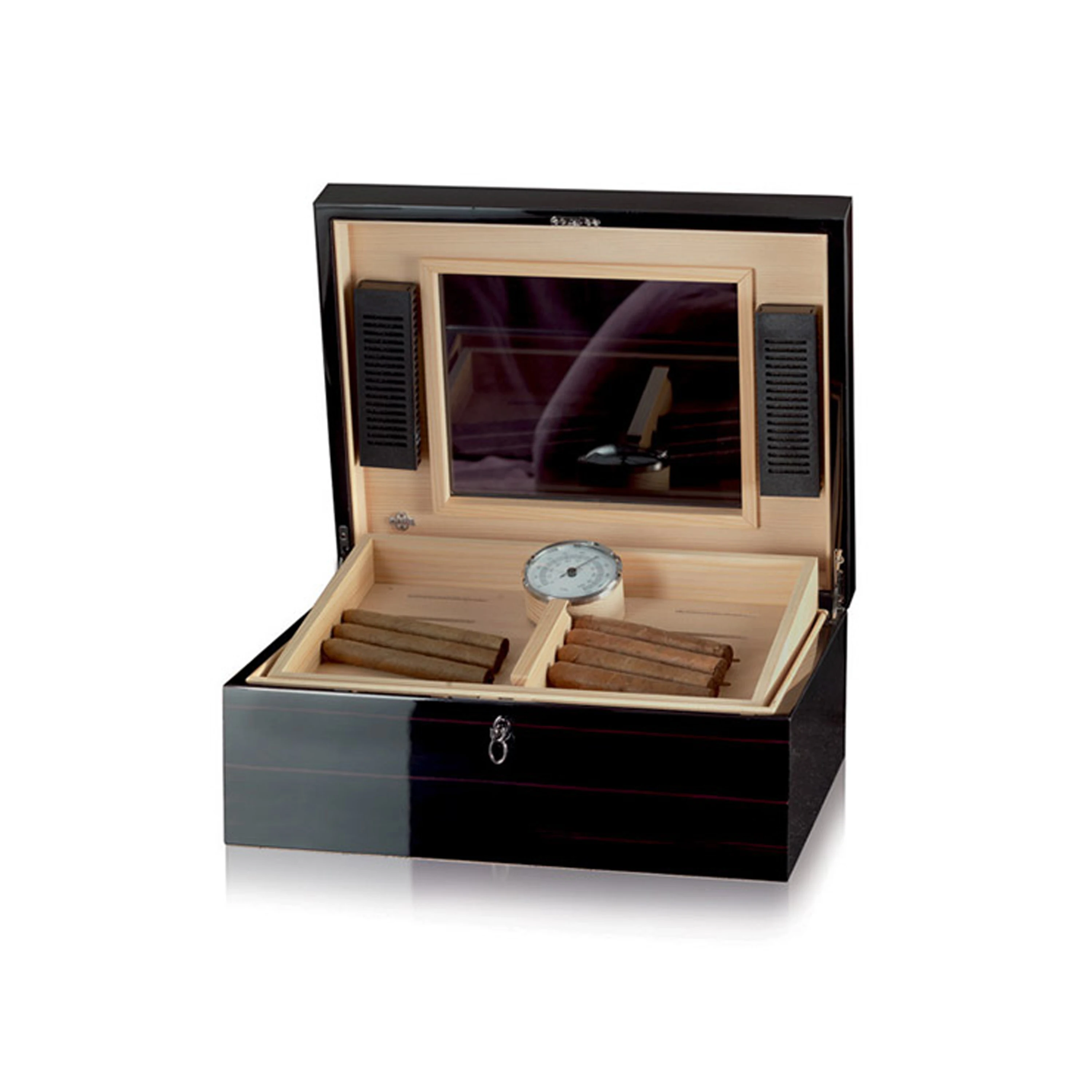 Humidor for 100 cigars in ebony polished. Cedar lining.  Two humidification units and hygrometer. Cigars humidor