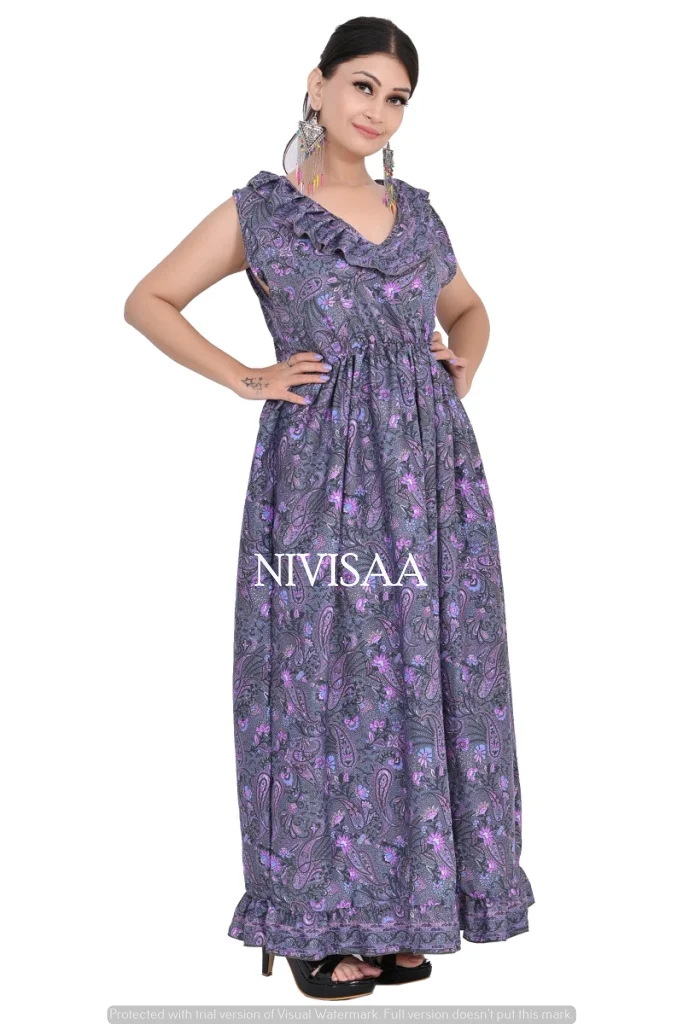 Summer Blue Color 2022 Long Dress Floral Printed Boho Beach Dress Short Sleeves Elegant Design Attractive Look Dress