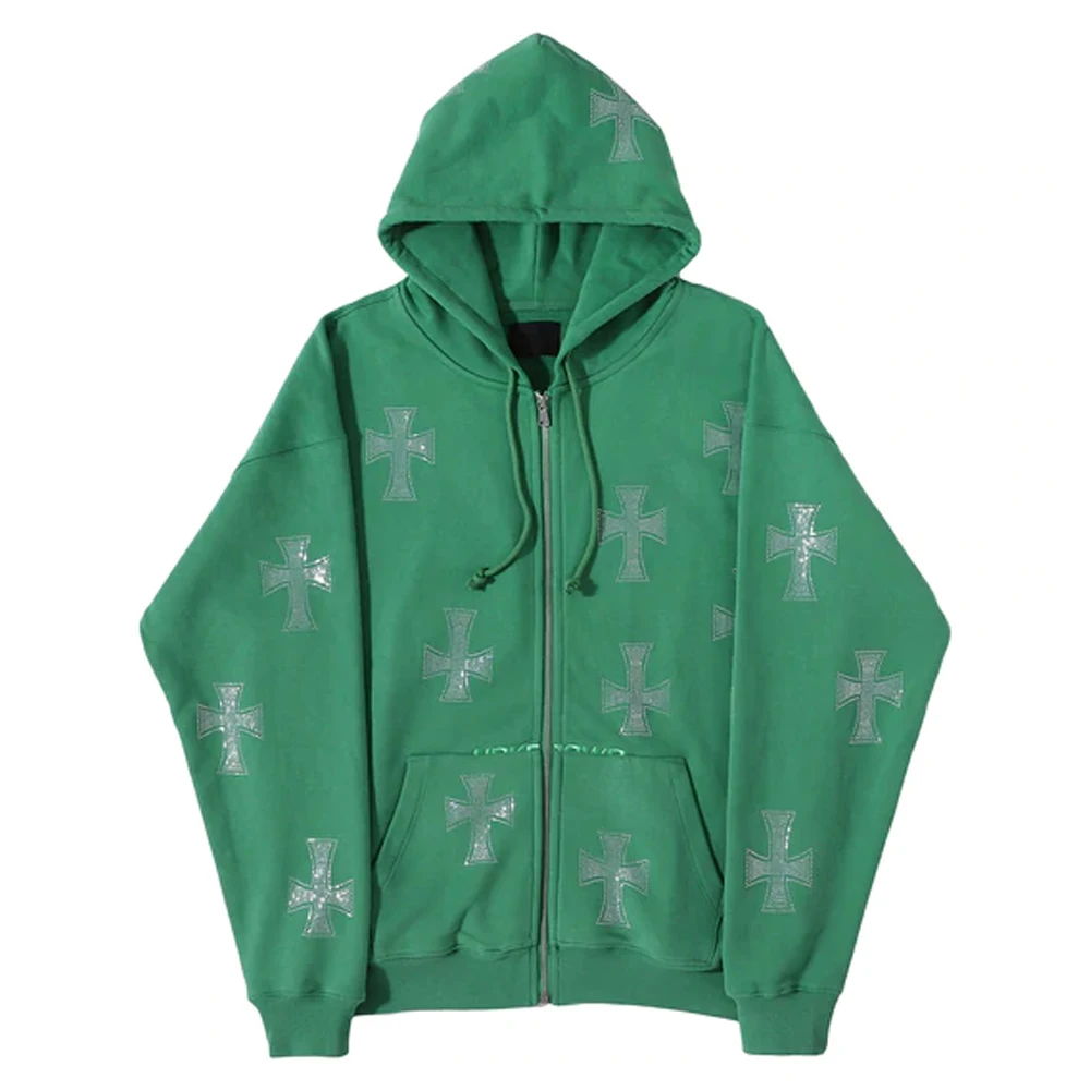 Low MOQ High Quality Oversized Designer Zip Up Custom Rhinestone Hoodies Streetwear Men Full Zip Up Hoodie
