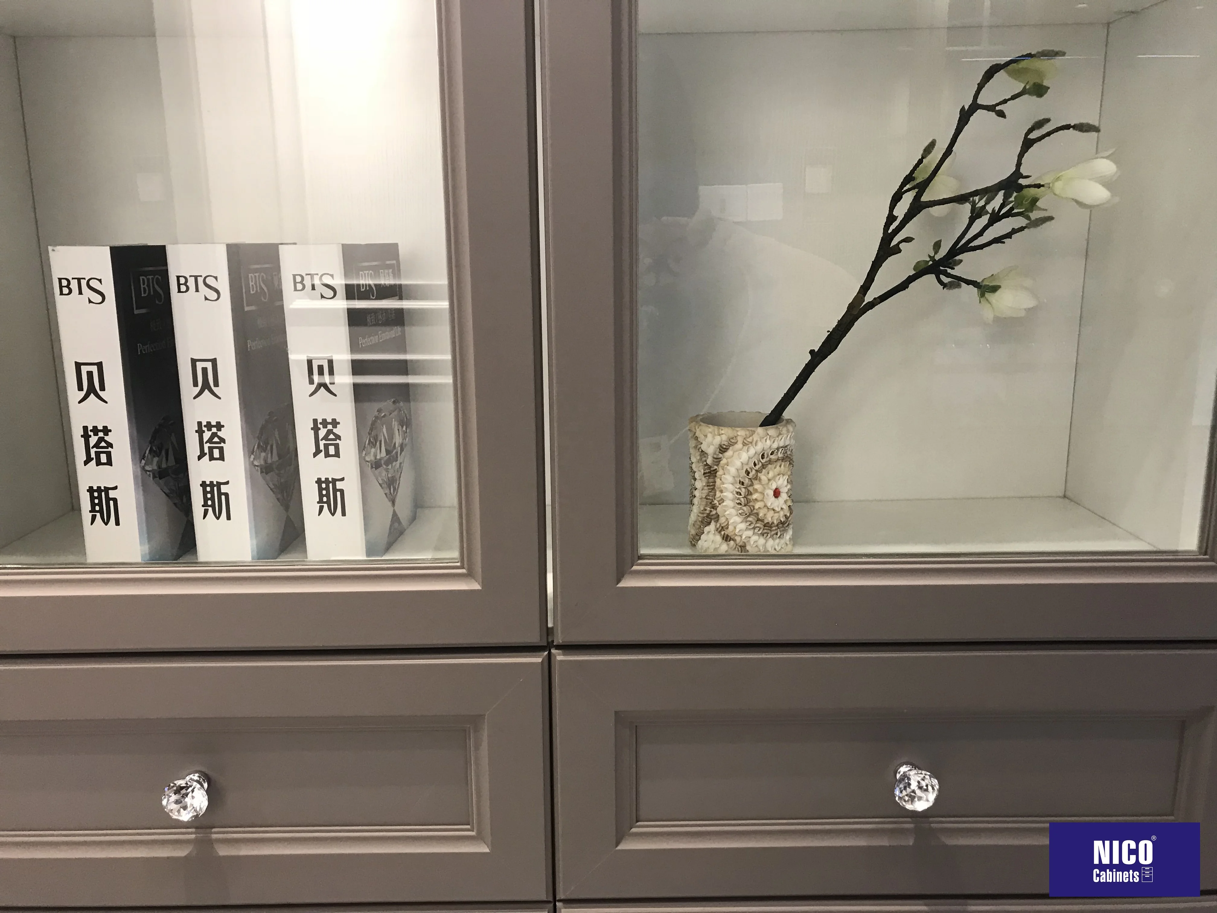 NICOCABINET Custom MDF Lacquer Bookcase 3 Tier Book Cabinet With Drawers And Glass Door Sapiens Bookcase