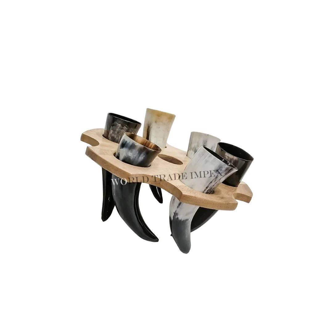 Best selling father day gift item 6 drinking horn set with wooden rack