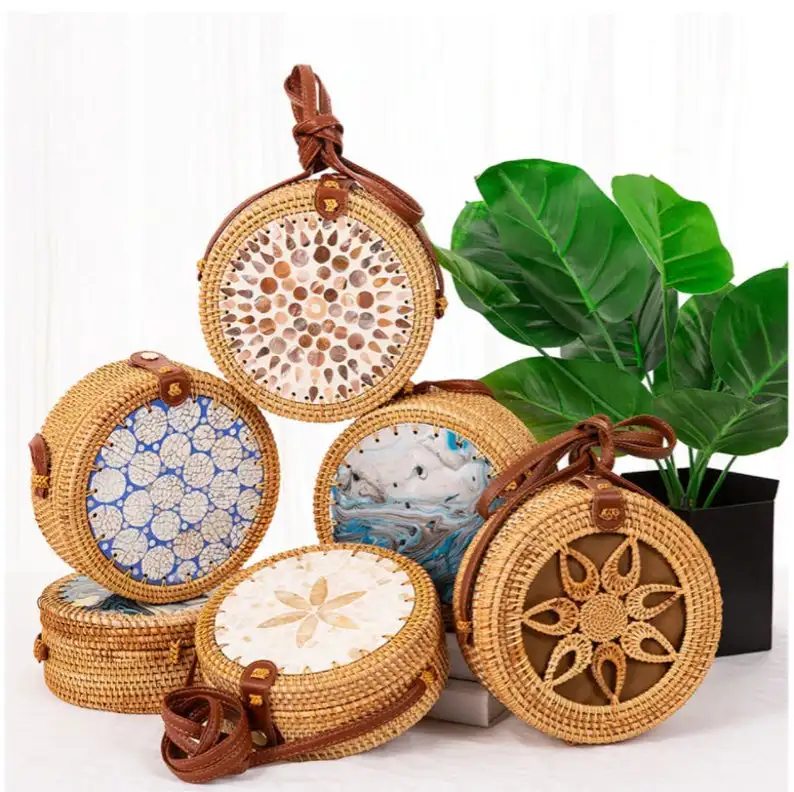 Round Vintage Artistic Rattan Bag Handmade | Women Shoulder Bag