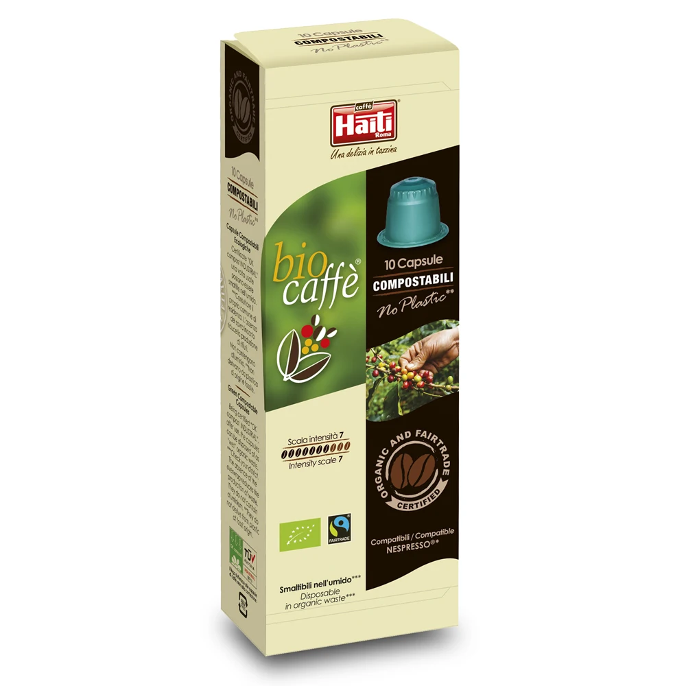 Биокаффилы, биоразлагаемые зеленые капсулы в элегантной бумажной коробке, в которых 10 капсул для гурманов, Смешанных органических и Fairtrade кофе