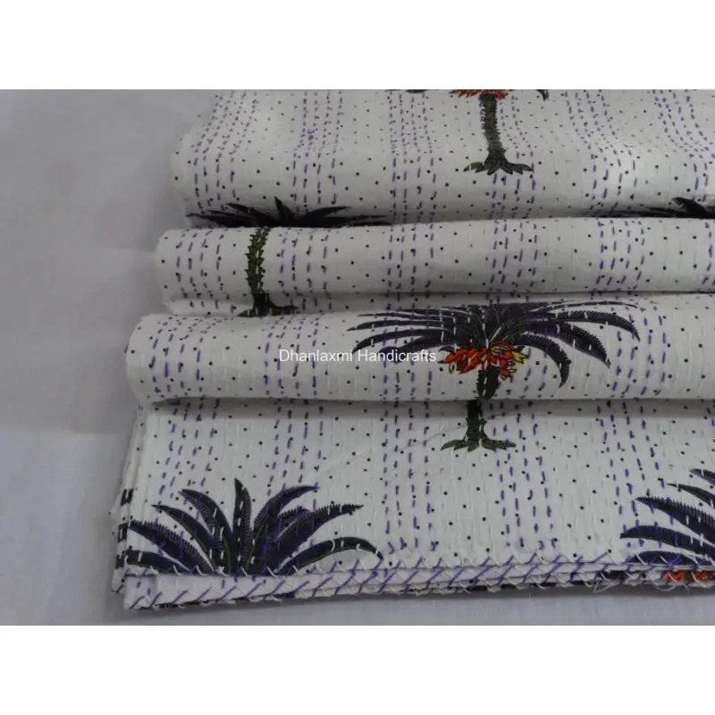Домашнее декоративное покрывало оптовая продажа красивое белое хлопковое ручной работы с пальмовым деревом одеяло Kantha индийское принтом Gudari