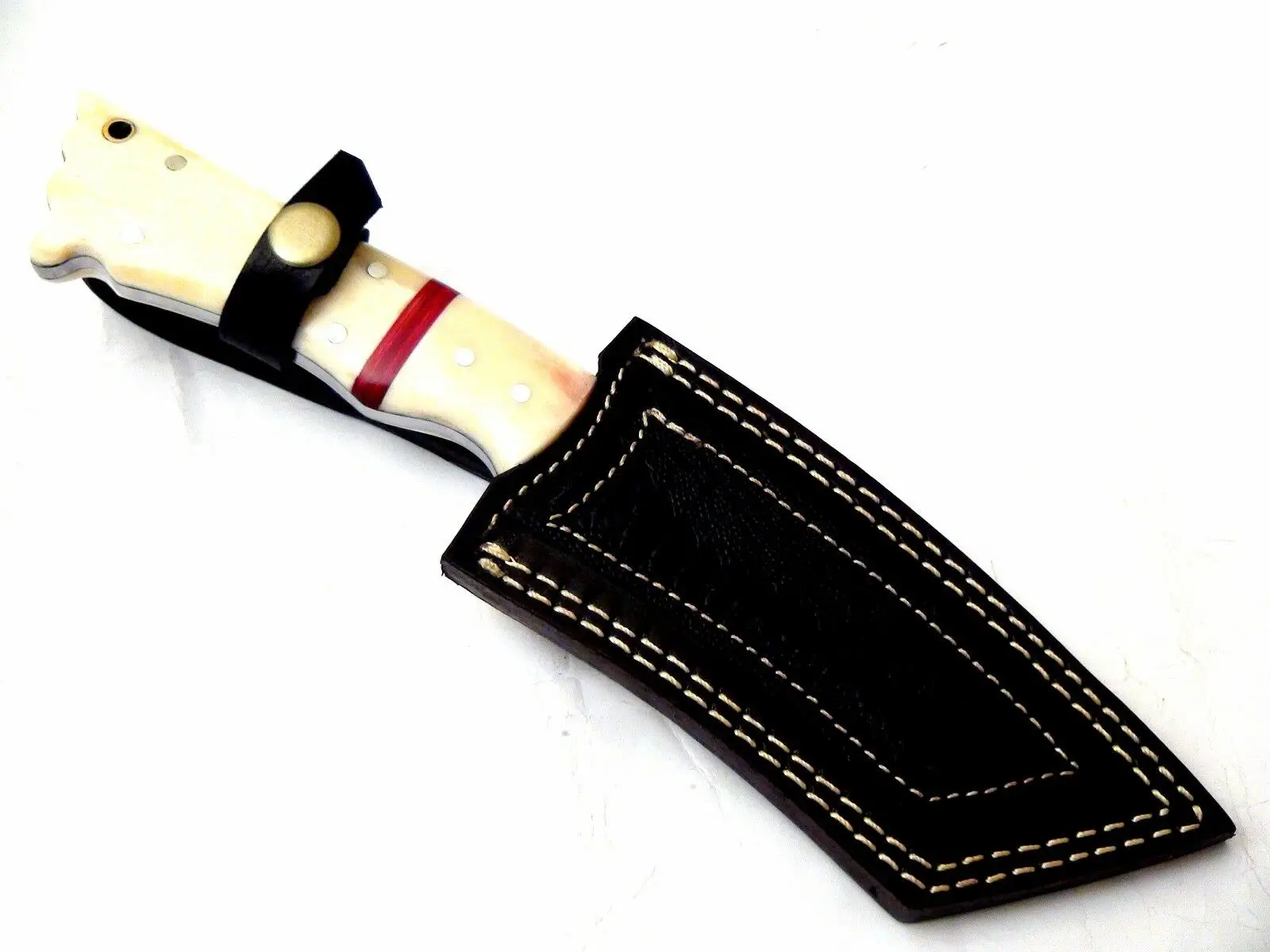 Beautiful Sizzco Handmade Damascus Steel Fixed Blade Hunting Camping Skinner Tanto Knife Handle Camel Bone with Brass Clip