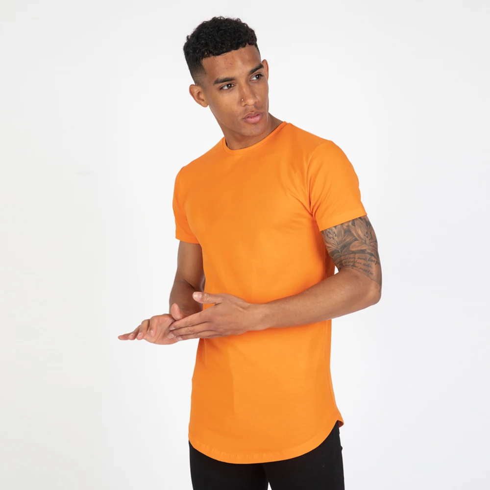 High Quality Custom 100% Cotton Slim Hipster Hip Hop Fit T-Shirts Long Line Men T Shirt Blank Longline T Shirts With Curved Hem