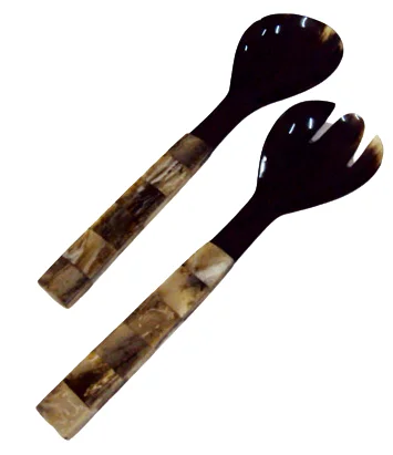 Natural Horn and Resin Salad Server Solid Buffalo horn Fork and Spoon With Resin Handle