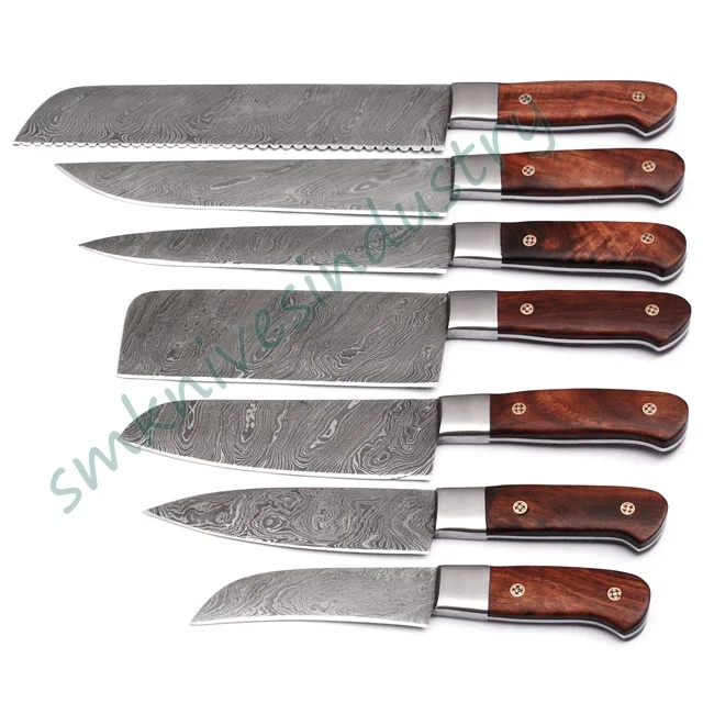 Набор кухонной утвари ручной работы из 7 предметов универсальные ножи дамасской стали с рукояткой розового дерева острые металлические (SMK1410)