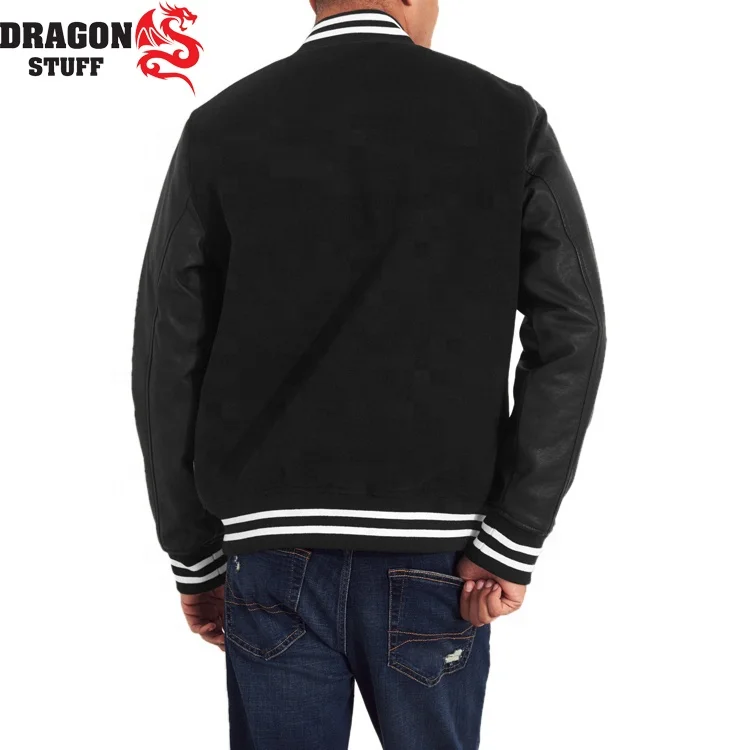 Patches Custom Dark Black Wool Jackets With Genuine Black Cow Leather Sleeves Wholesale College Letterman Jacket