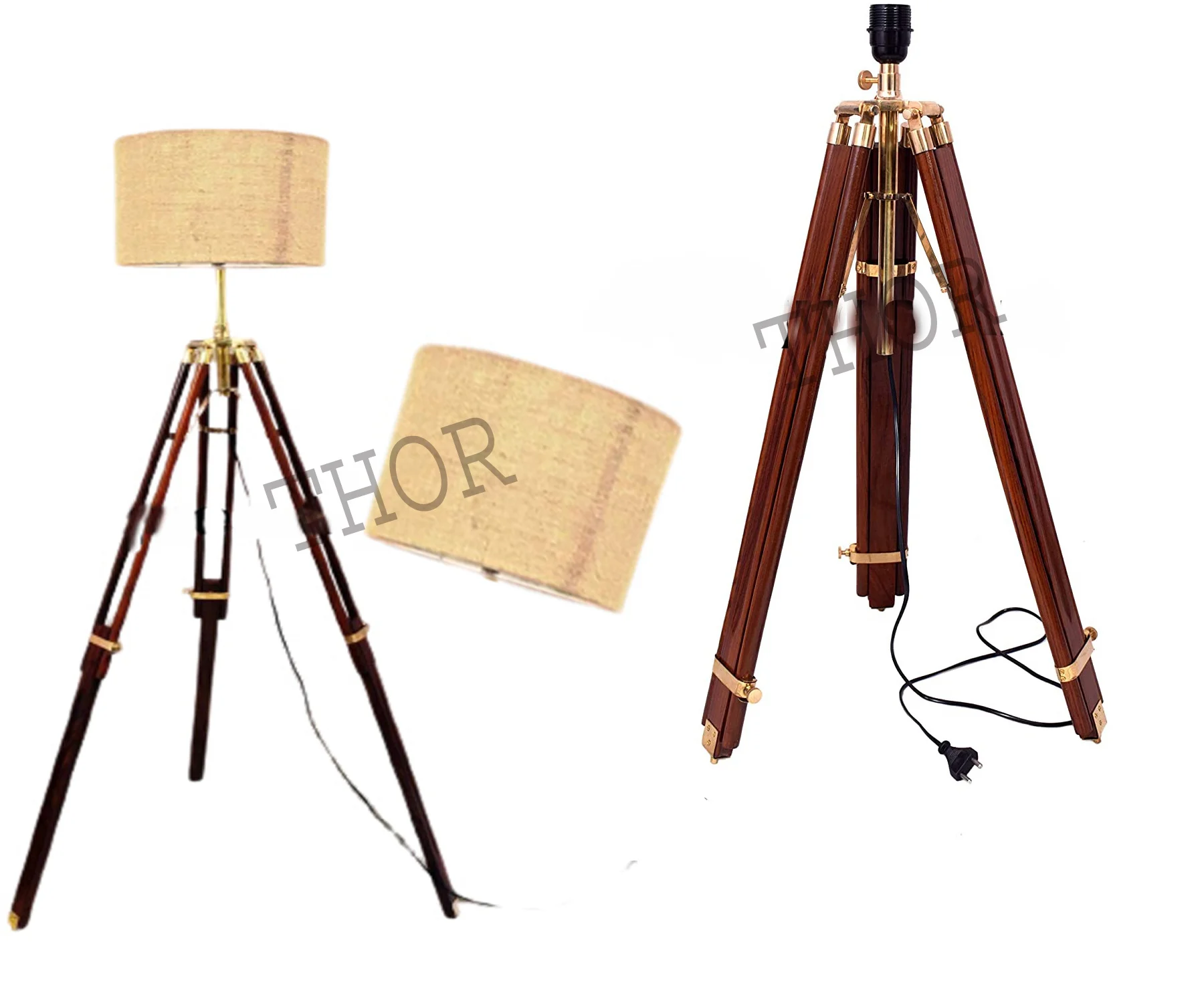 Vintage Modern LED Floor Lamp with Brown Wooden Tripod White Shade for Home or Hotel Decor for Living Room