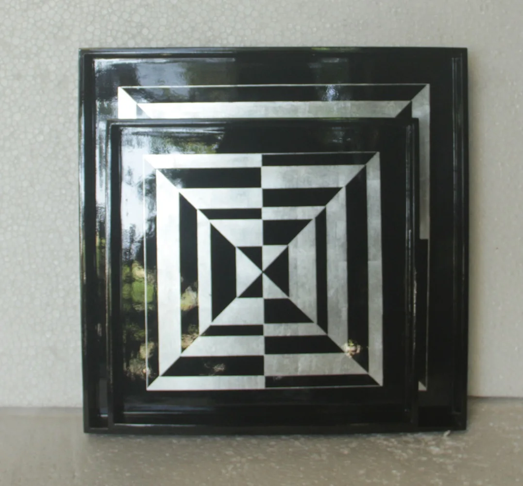 Handicraft Nautical Europe Set of 2 Square Lacquer Trays with Handles in Black & Silver Finishing