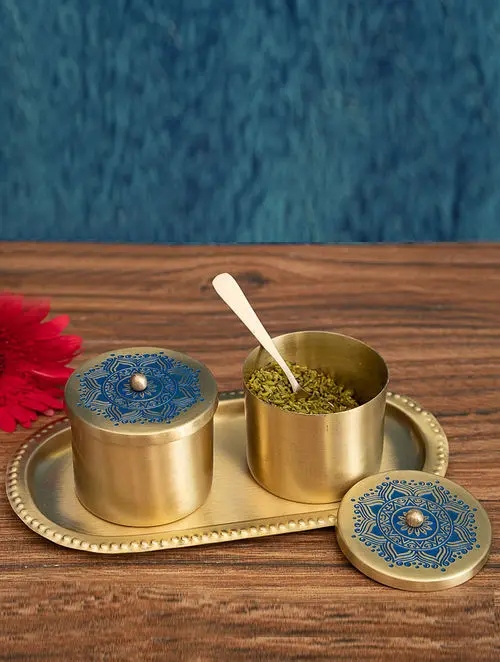 Brass Dinner Plate Dinnerware Brass Metal Traditional Dinner Server Set with Thali Plate Katori Bowls Cup