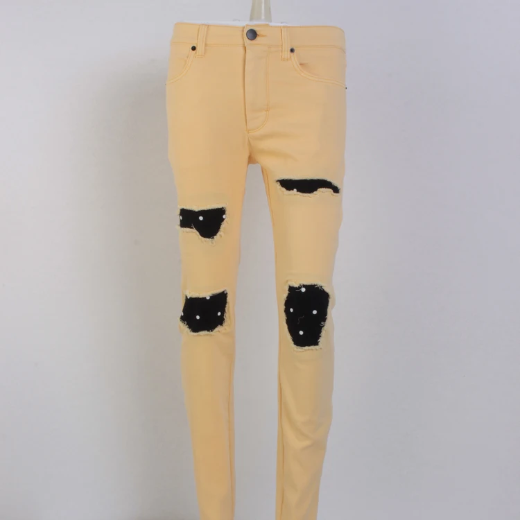 Wholesale Price Custom Fashion Yellow Damaged hole jeans Pants Men Ripped Denim Jeans