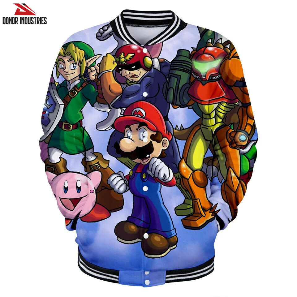 Super Mario 3D Full Print Baseball Uniform Jacket Unisex Coat Jumper Sublimation Baseball Varsity Jacket