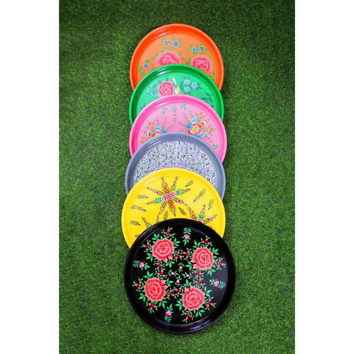 Hand painted food plates with floral prints, steel food plates, Indian food plates stainless steel