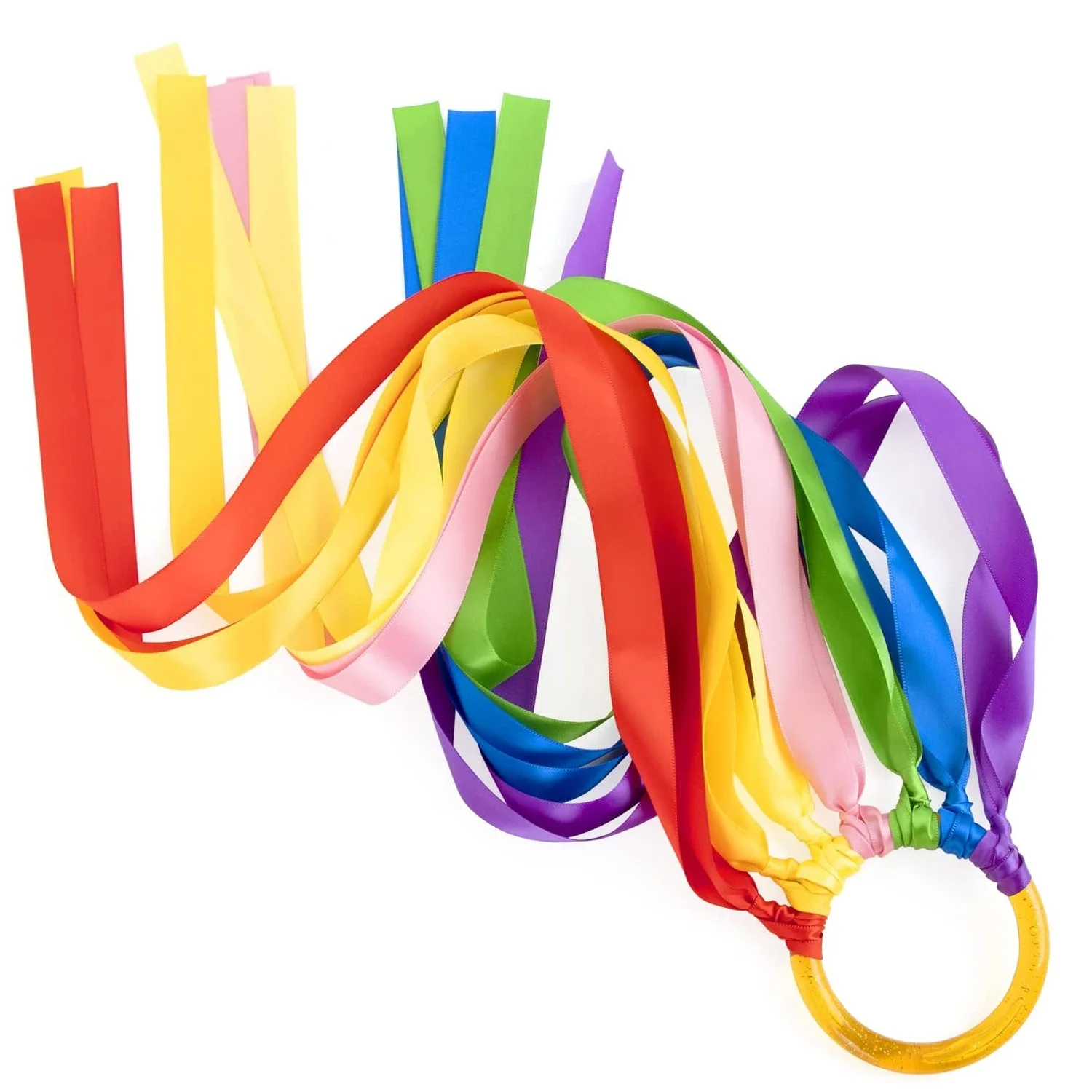 Rhythmic gymnastics ribbon dancing ring with plastic ring and satin rainbow color ribbons for dance and gymnastics