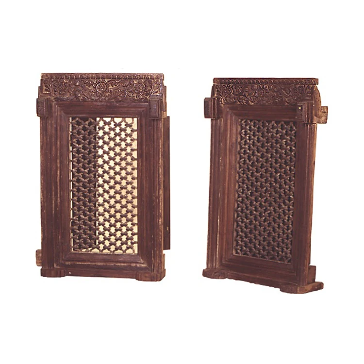
Custom Order Available for Architectural Element Wooden Carved Windows with Braided Iron Grills 