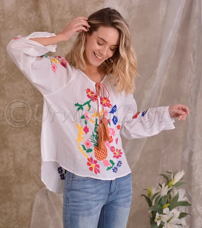 Женская туника с цветочной вышивкой летняя женская короткая О-образным вырезом и тяжелыми кисточками Повседневная длинными рукавами