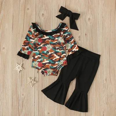 2019 Fashion Autumn 3PCS Newborn Baby Girls Clothes Camouflage Romper +Flare Pants+Headband  Outfits Clothes 0-24M