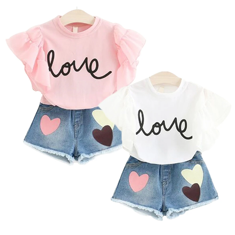 
Custom Fashion Summer Kids Girls Clothing Sets 2 Pcs White Ruffle T-shirt Pant Set For Baby Girls Clothes 2-7 Years 