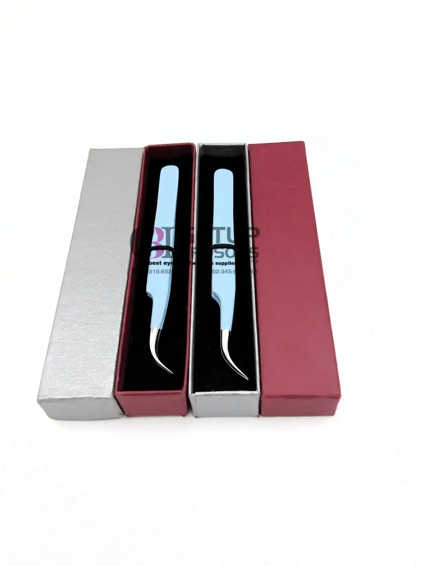 High Quality Best Design Curved Sky Blue Powder Coating Diamond Grip Eyelash Extension Tweezer Stainless Steel Beauty Instrument