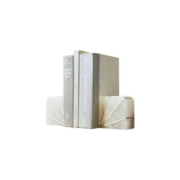 Custom marble stone column style bookend set for bookcase small home office use with marble brass inlay at wholesale price