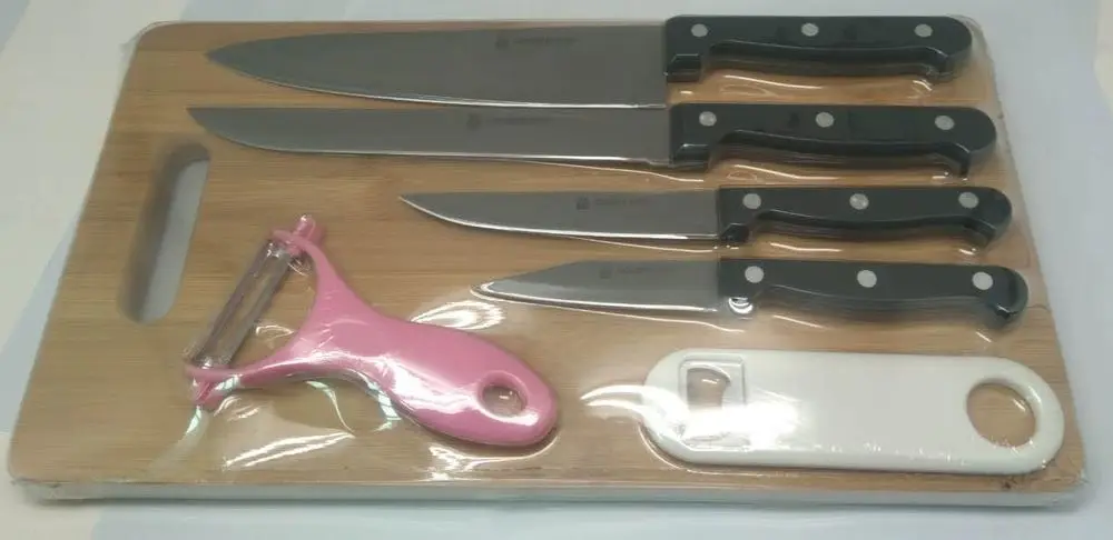 Yanjiang factory kitchen Chef Knife Set with steak knives full tang handle with 3 rivets, sharpener, shears in pinewood block