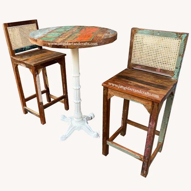 Vintage Industrial Iron Bar Table & Cane Chair Set Round Rustic Indian Solid Wood Style Restaurant Cafe Pub Table Bar Furniture