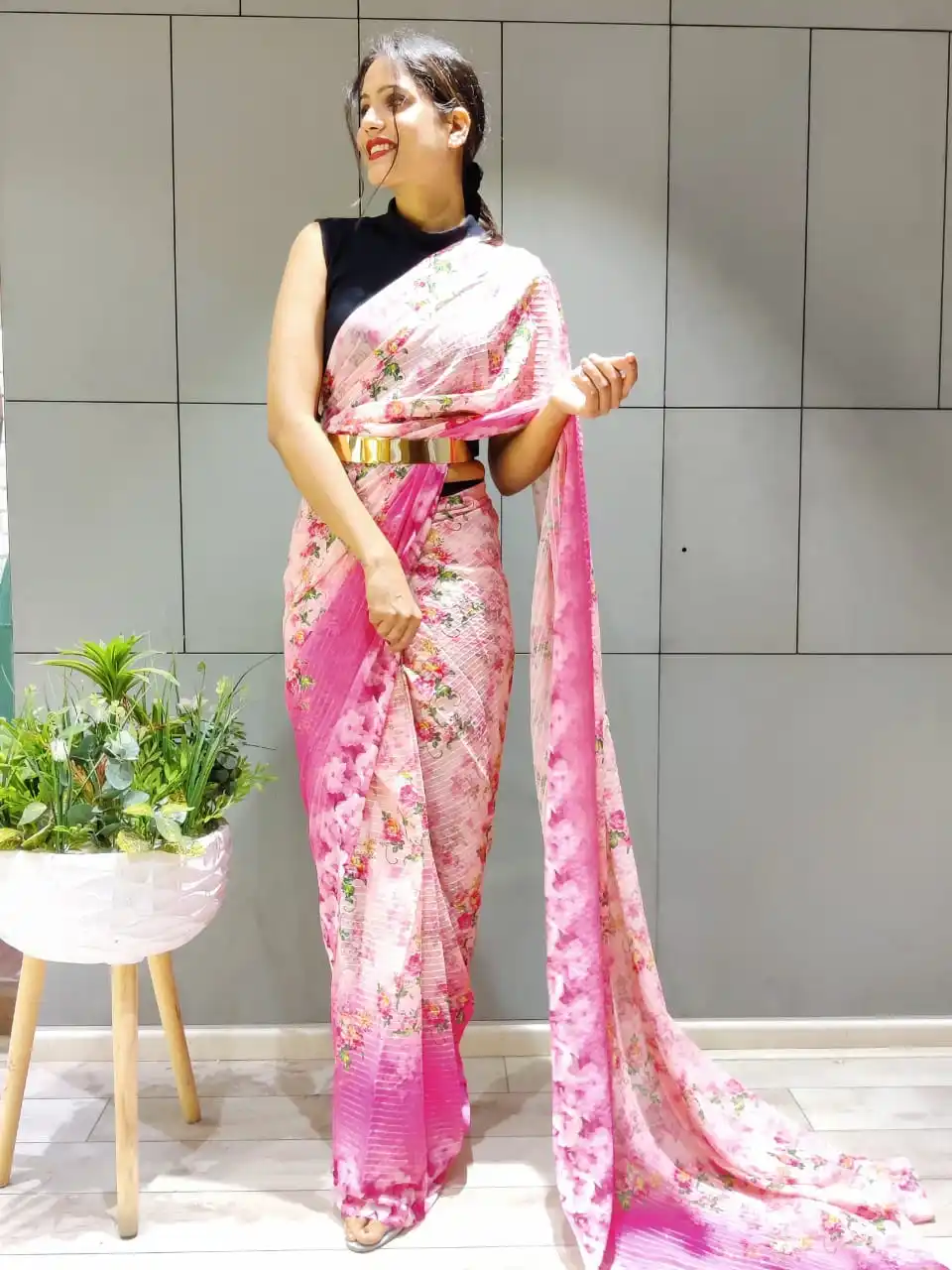 New 1 Min Ready To Wear Saree Collection With in 3 Colours  and fancy belt Premium Georgette With Beautiful Print and sequnce  w