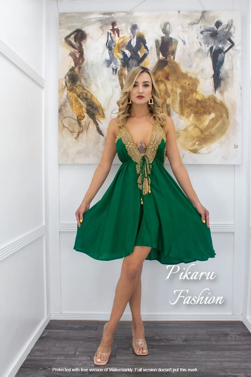 Women Sexy Party Wear Mini Dresses Embroidery Beaded Work Sleeveless Deep V-Neck Stylish Short Dress