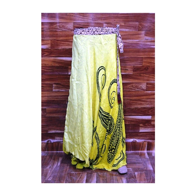 Stylish Floral Wrap Around Gypsy Boho Summer Casual Vintage Chic Floral Silk Sari Elastic Midi Beach Skirt Women Skirt