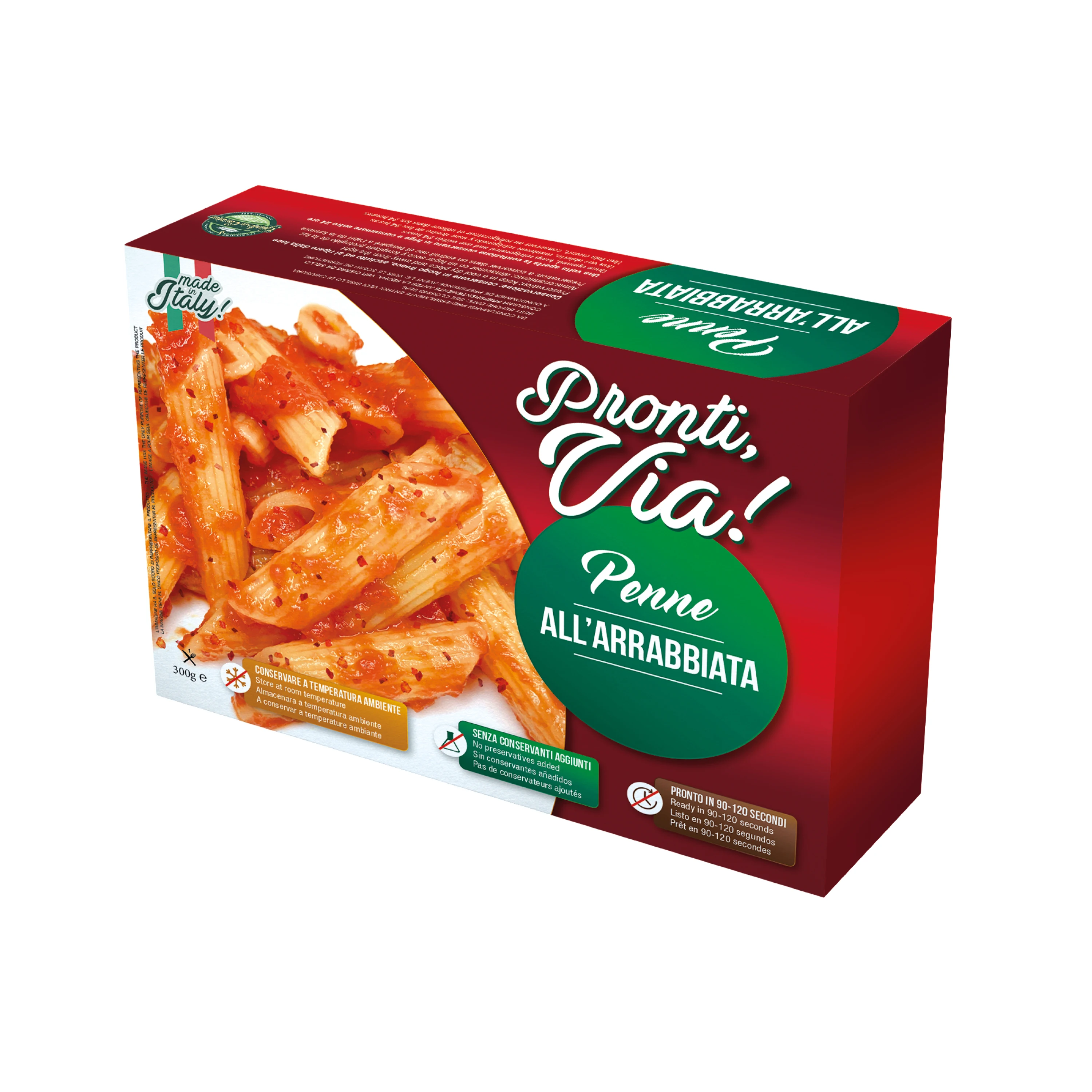 Качественная мгновенная паста, готовые блюда, Мгновенное нагревание пищи. И употребление пищи «PRONTI VIA» Penne с азяшным соусом 300 г