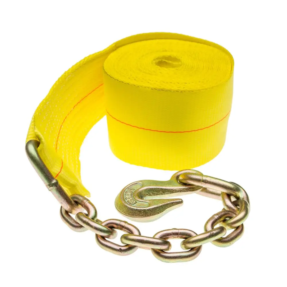 Flat polyester  webbing  4 Inch 100mm 16500lbs Yellow Color Winch Strap with Chain Hook