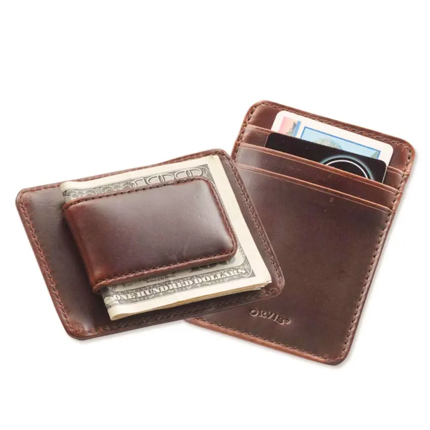 Мужской тонкий кожаный кошелек с зажимом для денег и логотипом производителя