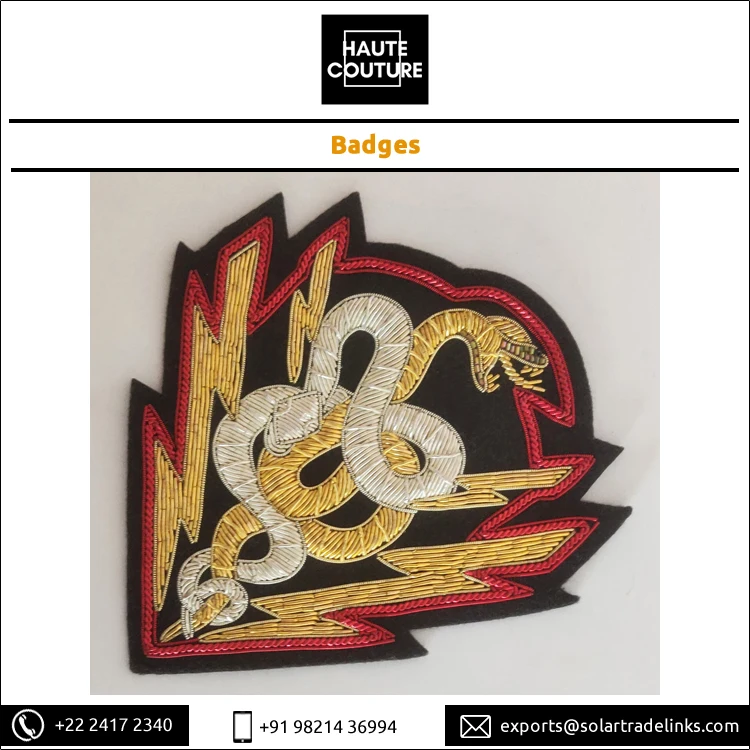 12 x 13 cms Eye Catching Serpents Design Hand Embroidered Handmade Sew On Triangular Badges for Jackets, Blazers, Jeans